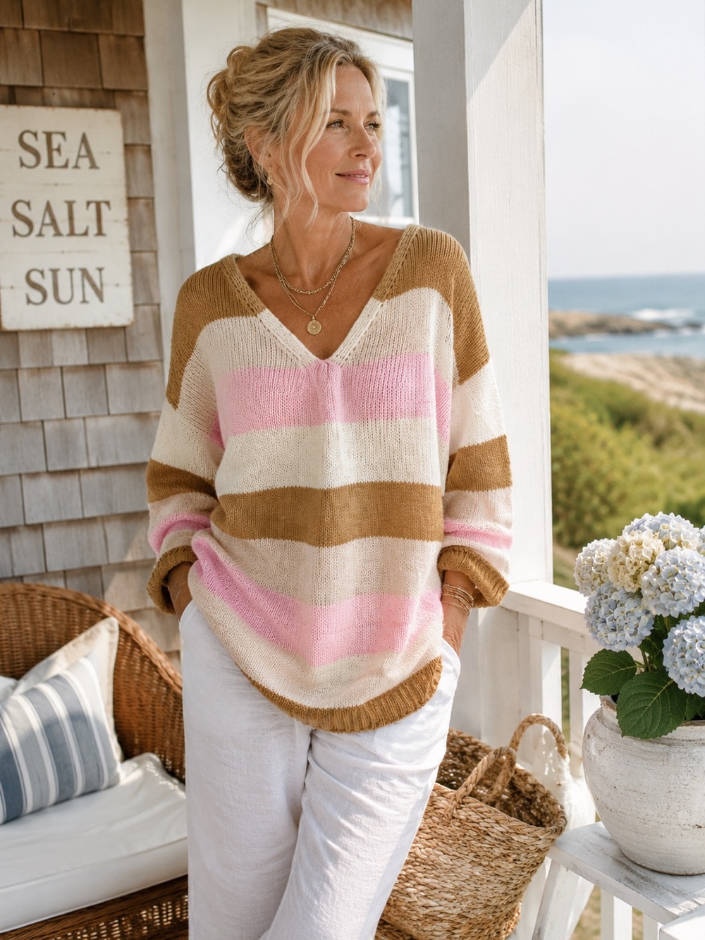 Mustard Seed Striped Oversized V Neck Sweater Pink Tan Cream Size L